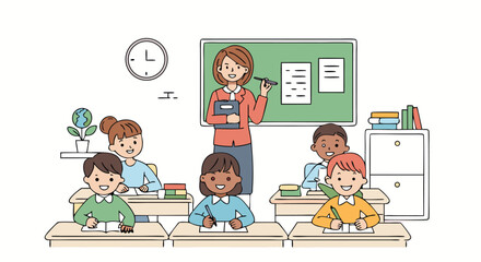 Engaged students learning actively in a modern classroom environment with a supportive teacher motivating them
