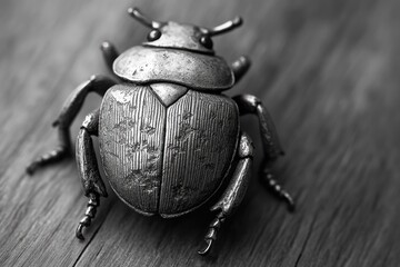 A meticulously crafted metallic beetle figurine rests on a rustic wooden surface.