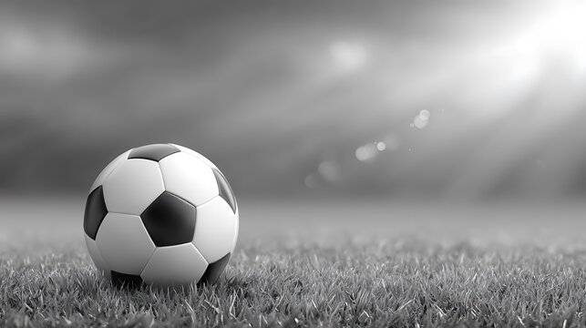 Monochrome Soccer Ball on Grass Field With Blurry Background and Sunbeams Breaking Through - Powered by Adobe