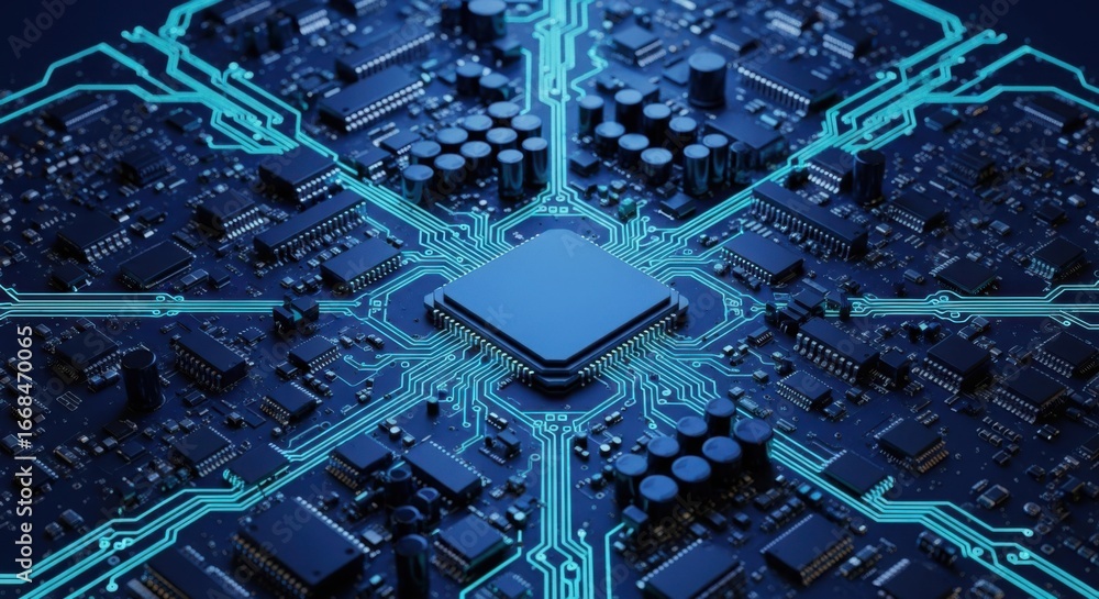 Poster a close up of a blue computer circuit board