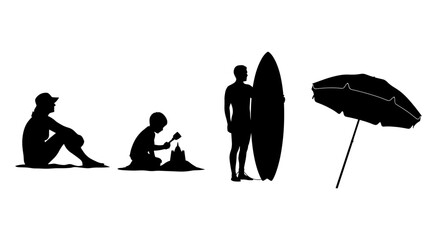 Black silhouettes depicting leisurely beach time activities against a white background