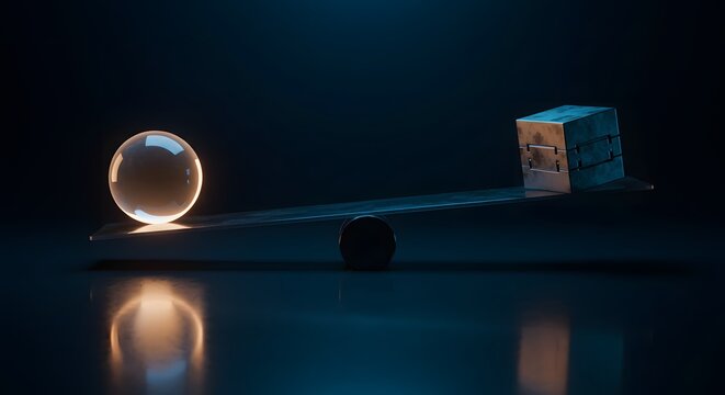 Futuristic glass scales balance sphere and cube photorealistic