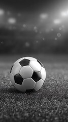 Obraz premium Monochrome Soccer Ball Resting on Grass Field Under Bright Stadium Lights Depiction