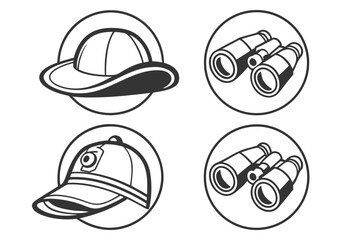 Vintage Baseball Cap and Binoculars Icons.