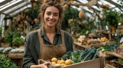 Woman farmer with potatoes and greens