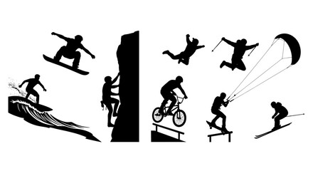 Extreme sports vector silhouettes collection, black isolated on white background.