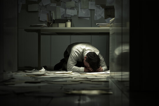 Fearful man hiding under an office desk, showing stress and anxiety in workplace environment