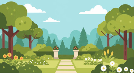Fototapeta premium A serene garden landscape with a stone path leading through lush greenery and trees under a blue sky.