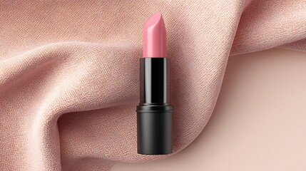 Obraz premium Pink lipstick on a black background, closeup view of lipstick tube and color