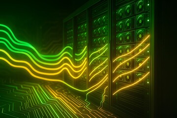 Neon-Lit Blockchain Server Farm with Glowing Data Connections - Cryptocurrency Infrastructure Concept