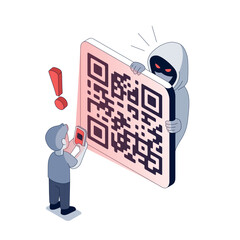 Man scans suspicious qr code while hacker hides behind digital sign. Mobile device shows alert with red exclamation warning. Concept of online fraud and cybercrime risk in modern technology