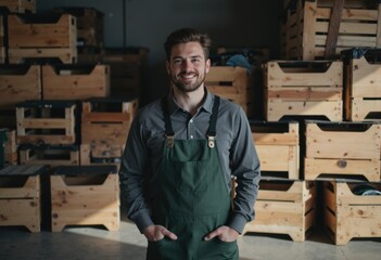 Market aisle steward smiling near a stack of wooden crates with blank fronts