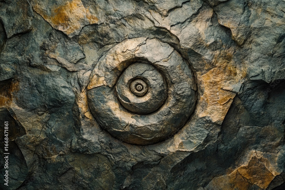 Poster a fossilized ammonite embedded in dark, textured rock, showcasing intricate spiral patterns and geol