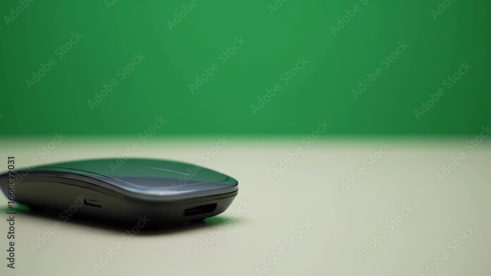 Poster modern computer mouse on a table against a green backdrop.