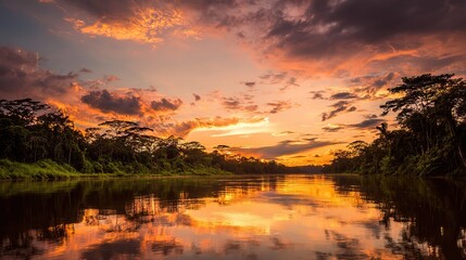 At sunset, a serene river, lakes reflecting vibrant colors, and lush rainforest landscapes on both sides capture the serene beauty of nature.