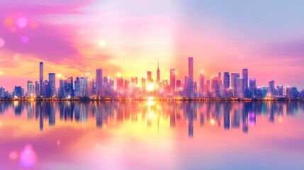 Fototapeta premium Blurred city skyline at sunset with glowing reflections on calm water, blending vibrant colors and soft shapes in a tranquil urban scene