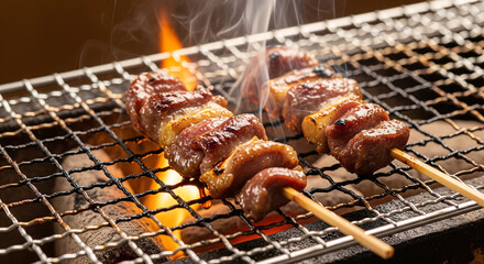 A gizzards kewers on a grill with hot charcoal