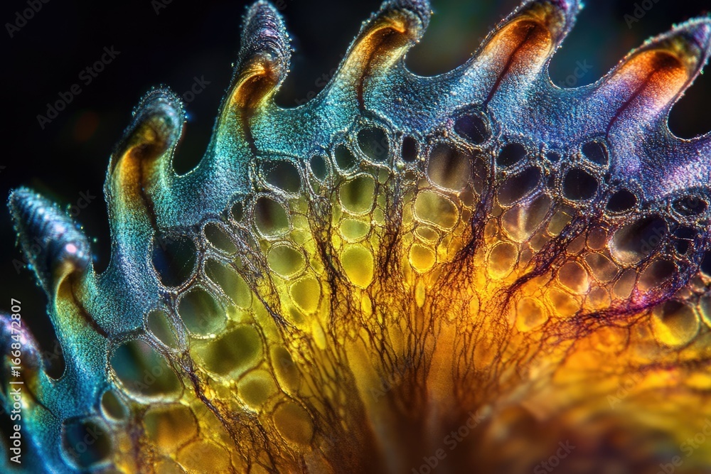 Poster microscopic view of vibrant, iridescent plant structure with intricate network and colorful textures