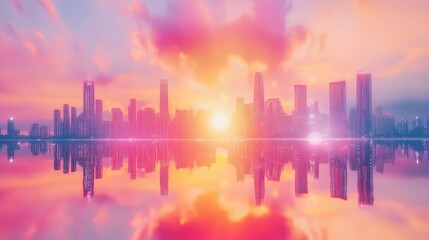 Blurred high-rises mirrored in still water under a vivid sunset sky, creating a harmony of soft light and urban geometry