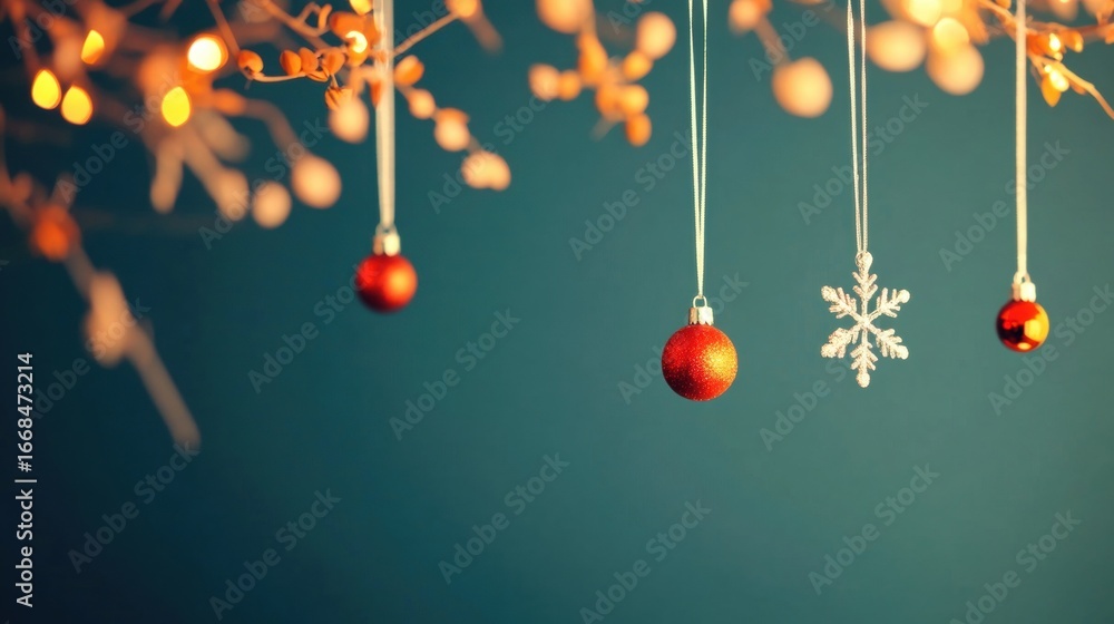 Poster festive decorations with red ornaments and a white snowflake hung on strings