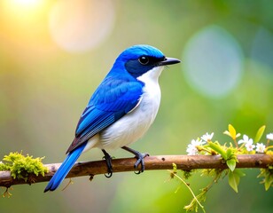 Obraz premium Blue bird perched on branch, bokeh background