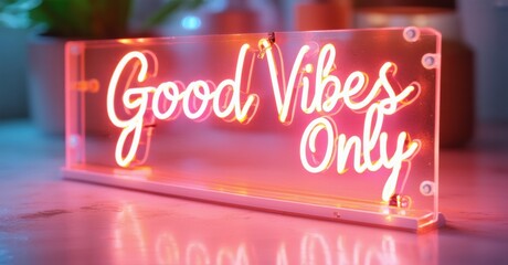 Bright neon sign displays Good Vibes Only. Red glow illuminates clear acrylic base. Reflective surface adds depth. Positive message.