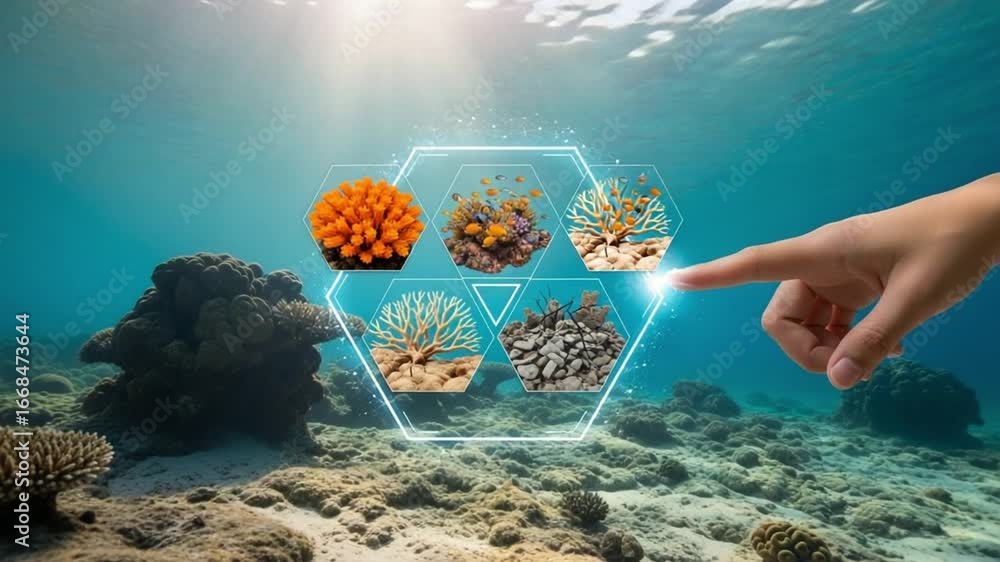 Poster underwater scene with coral reefs and a hand interacting with a digital interface hexagon display