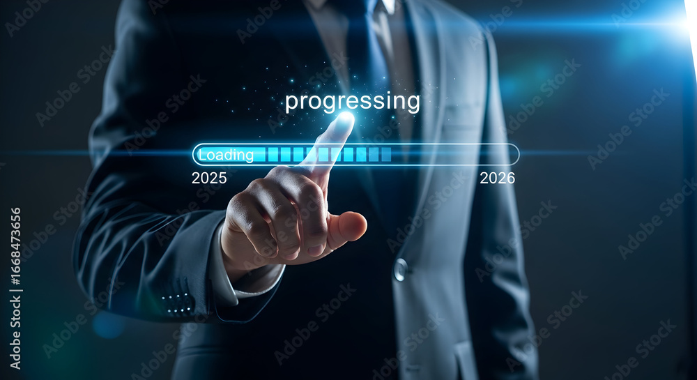 Poster hand touching a futuristic progress bar showing loading for 2025 to 2026