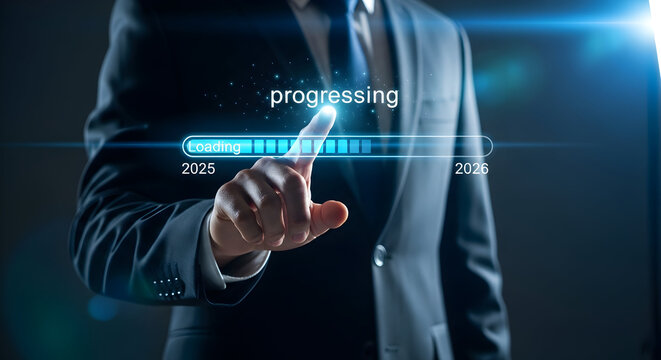 Hand Touching a Futuristic Progress Bar Showing Loading for 2025 to 2026 - Powered by Adobe