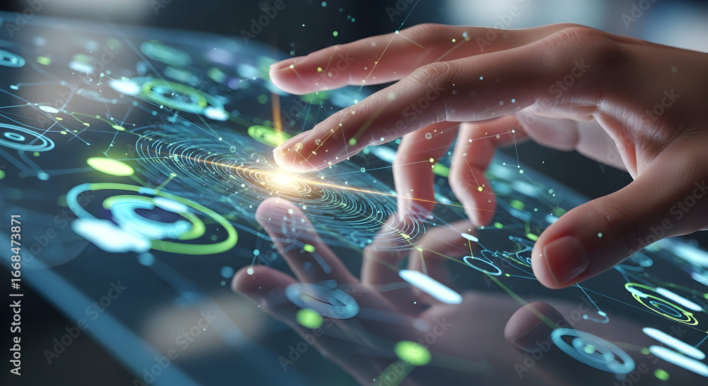Aufkleber hand interacting with glowing digital interface representing data network