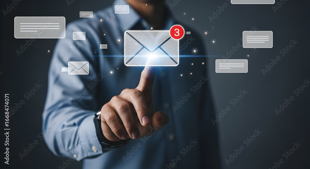 Aufkleber finger touching digital email icon with three new message notifications
