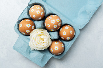 Hand-painted Easter eggs with daisy pattern in a blue carton with white rose. Easter composition on light background.