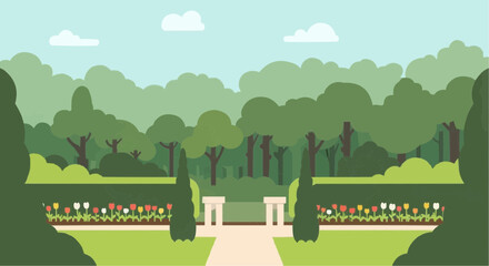 Fototapeta premium Formal garden with vibrant tulips and lush green trees.