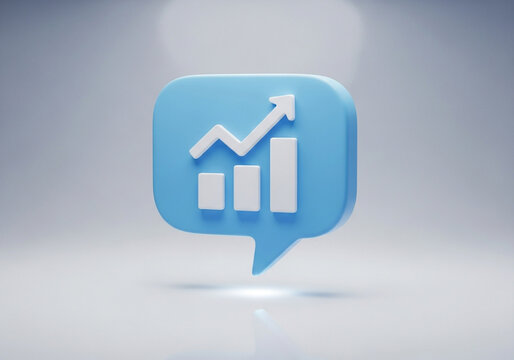 Blue speech bubble with growing bar chart and upward arrow symbolizing business growth and success