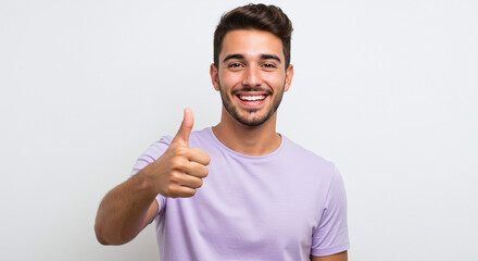 Happy hispanic man in light purple shirt, giving thumbs up with broad smile, isolated on white background. Generative AI