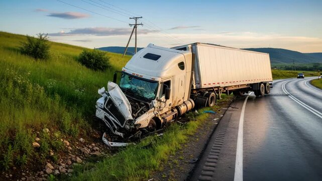 A severely damaged semitruck lies crashed on the grassy shoulder of a wet highway at dusk, with another vehicle passing by