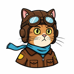 orange cat dressed as a pilot with a blue scarf with a serious expression
