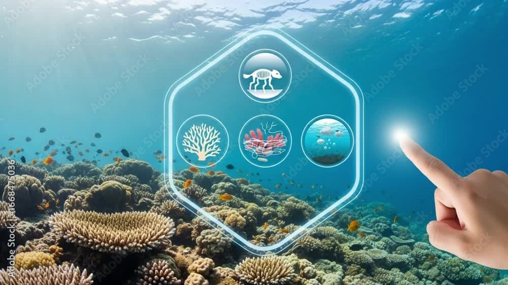 Poster underwater coral reef with fish and a hand touching a digital interface with icons displayed on it