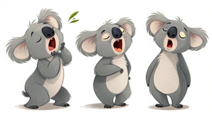 Fototapeta premium cartoon style, koala in various poses (yawning, stretching, dozing off), pure white background
