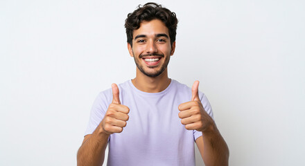 Happy hispanic man in light purple shirt, giving thumbs up with broad smile, isolated on white background. Generative AI