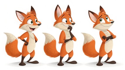 Obraz premium Cartoon style, sly fox in different poses (smiling, thinking, winking), pure white background