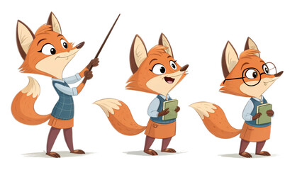 Obraz premium Cartoon style 2D. Set of 3 images of the same fox teacher in different poses: standing at the board with a pointer, holding an open book and standing freely with a pointer. Pure white background