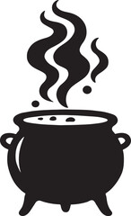 Black silhouette of a cauldron with bubbling contents and smoke isolated on transparent background