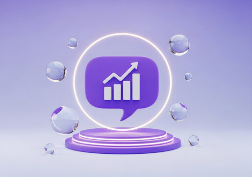 3d speech bubble with growing financial chart inside a glowing circle on a podium