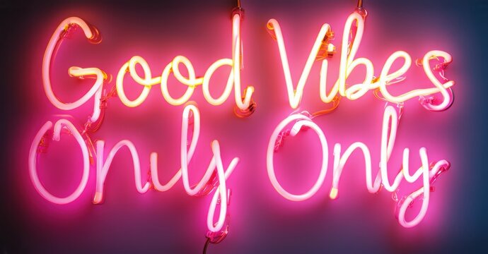 Bright pink neon sign displays positive message. Good Vibes Only script lettering glows against dark background. Simple, modern aesthetic.