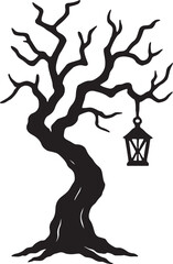 Spooky twisted tree with hanging lantern isolated on transparent background