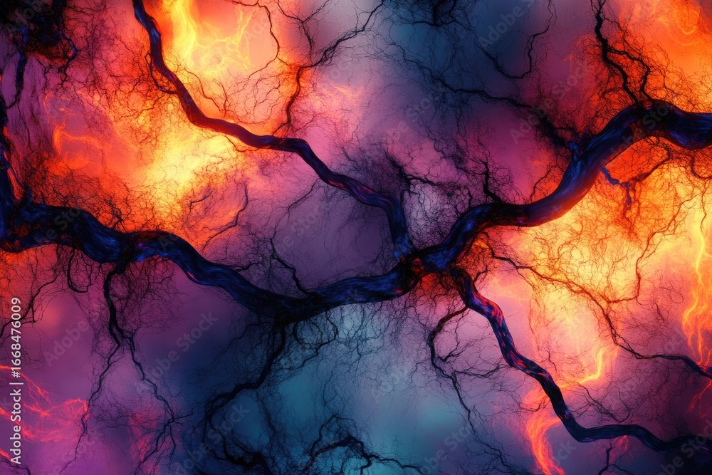 Poster abstract art depicting intertwined branches against a vibrant, fiery backdrop. intricate details and