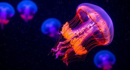 Vibrant Glowing Jellyfish with Orange and Purple Tendrils in Dark Water