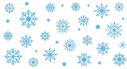 A collection of blue snowflakes of varying sizes and designs scattered on a white background.