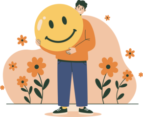 A happy person holding a large smiling emoji face with flowers and plants in the background, representing positive emotions and well-being, conveying joy and optimism
